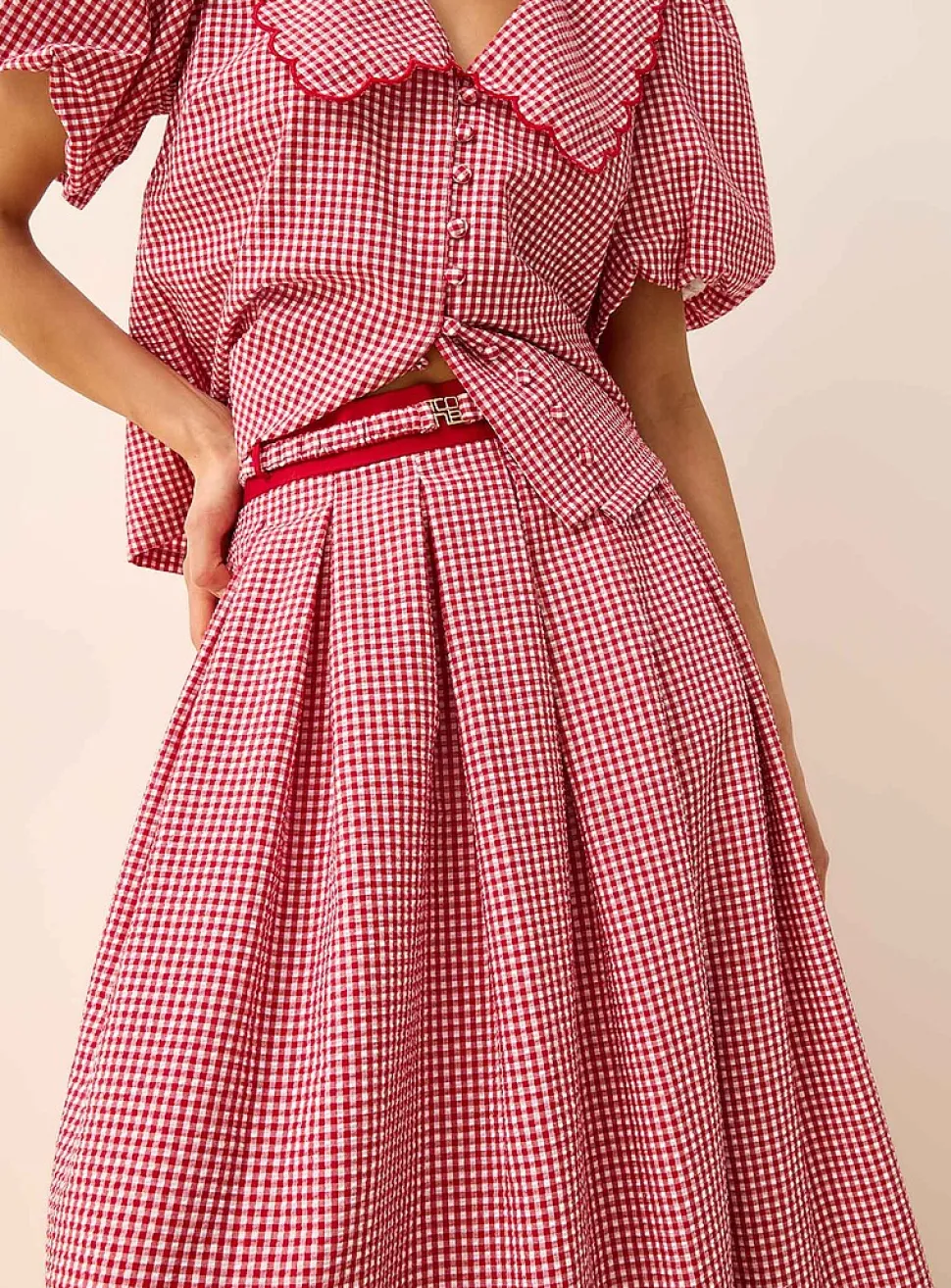 Belted flared gingham seersucker skirt