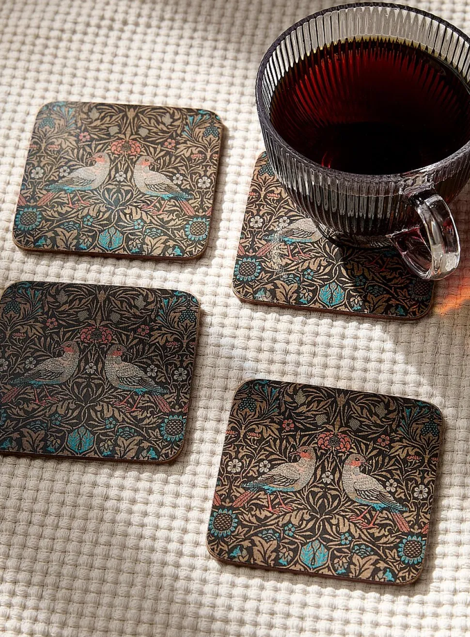 Birds tapestry laminated cork coasters