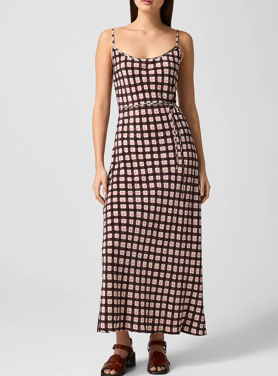 Brown gingham pure silk dress