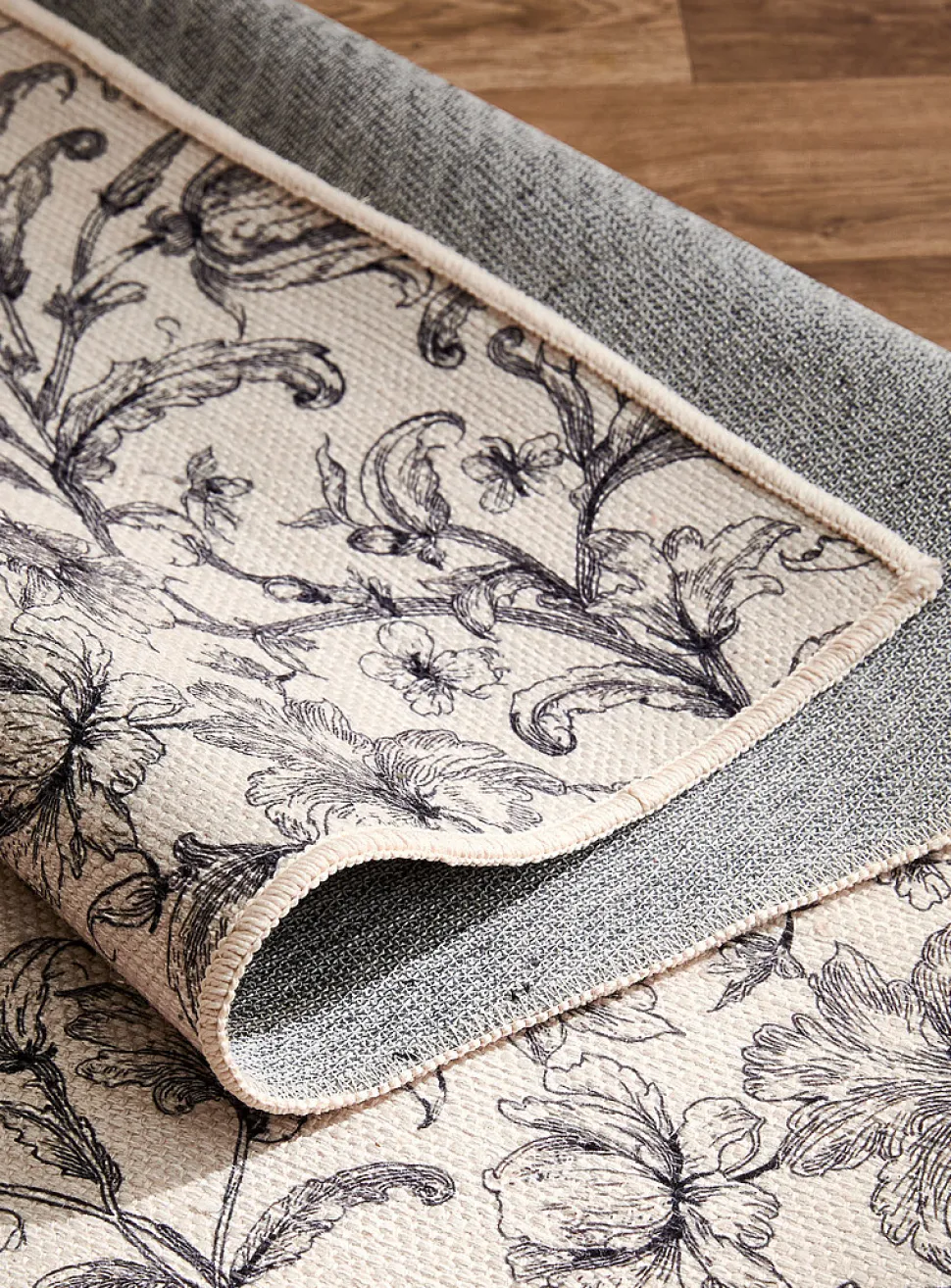 Charcoal flowers woven hallway rug
