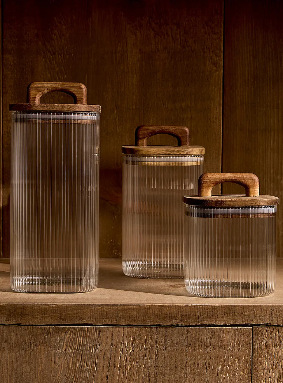 Grooved glass and wood large storage jar