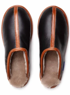 Leather and reversed sheepskin mule slippers