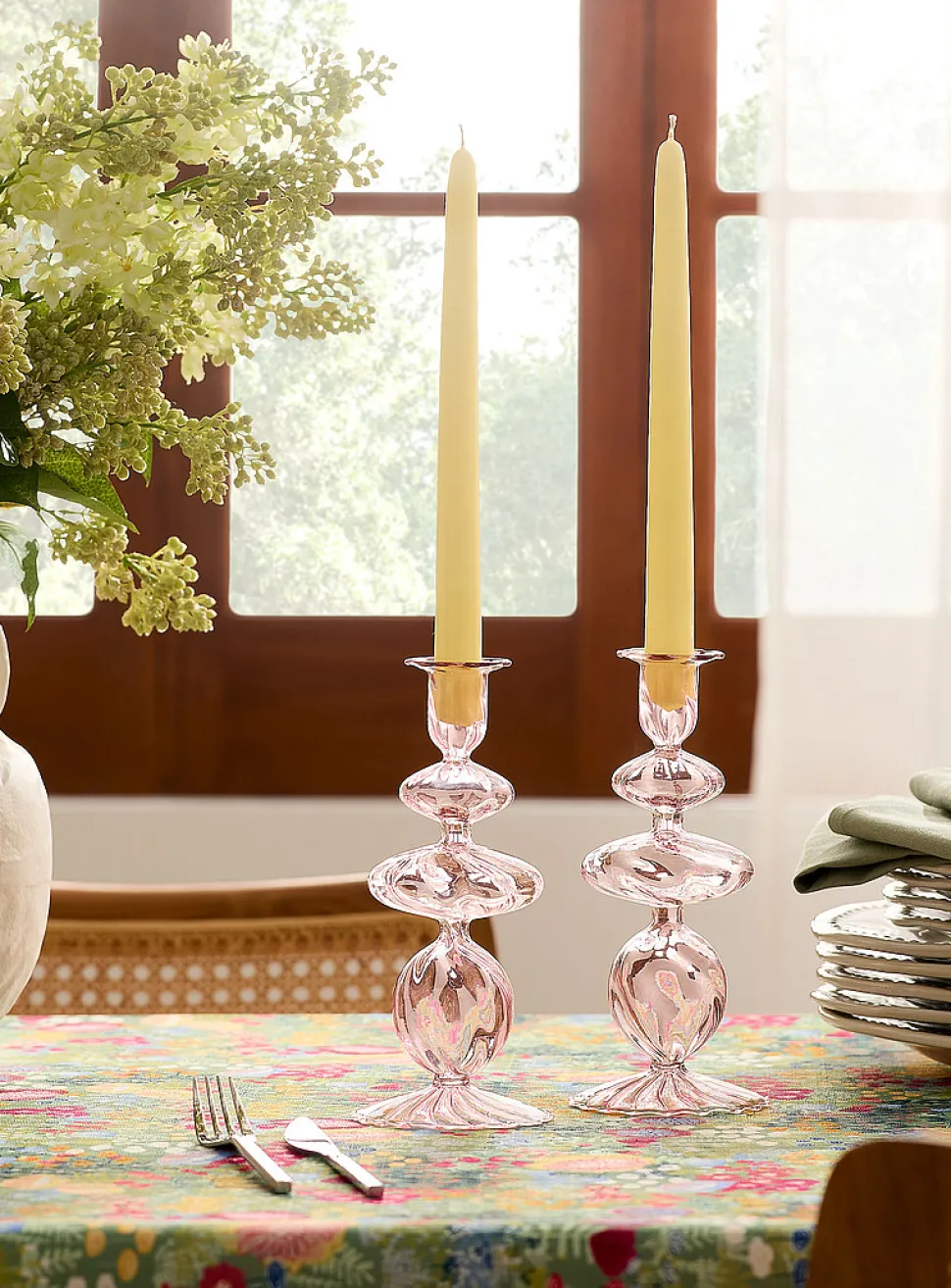 Light pink blown-glass sculptural candleholder