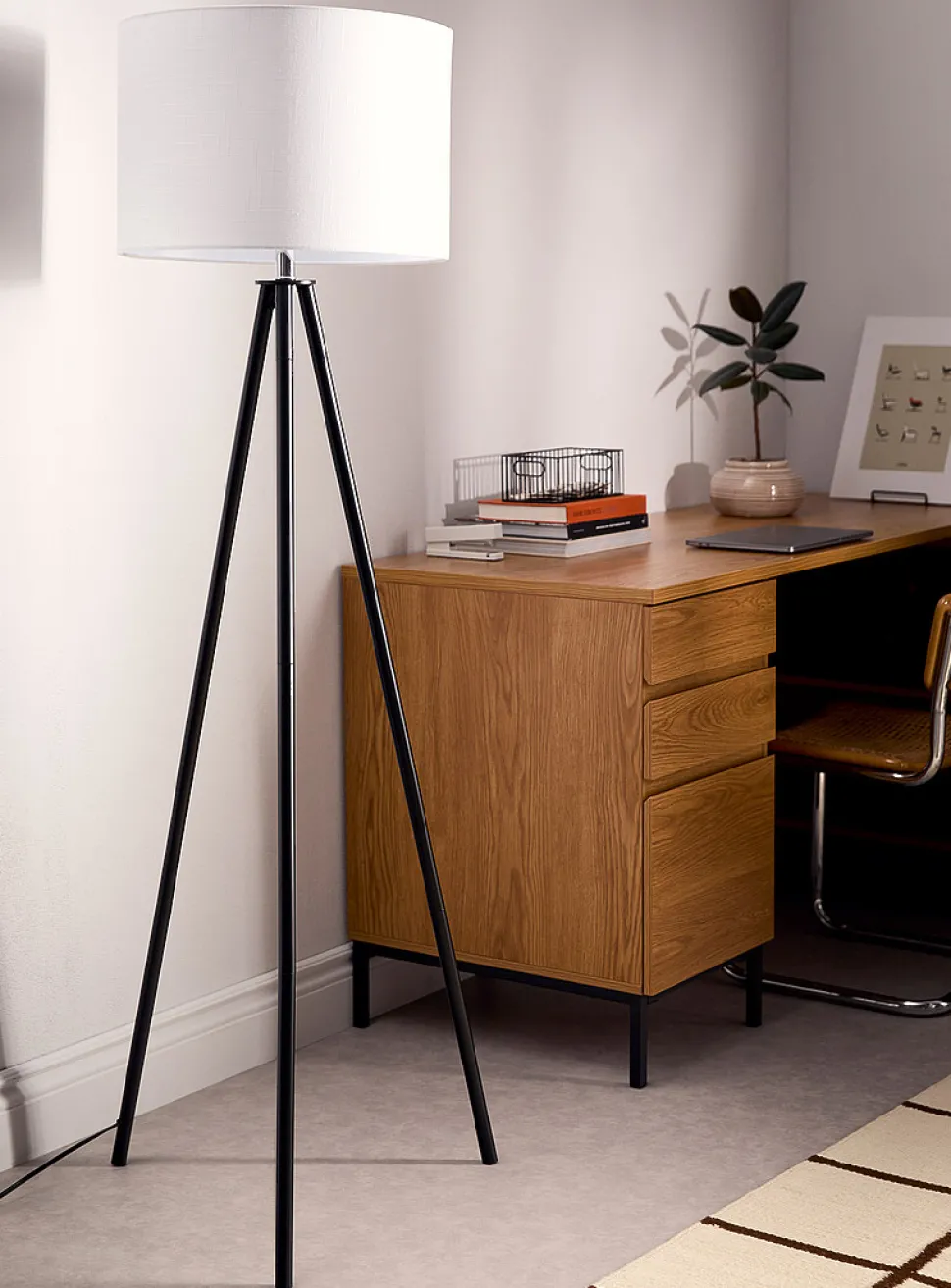 Linen lampshade metal tripod lamp