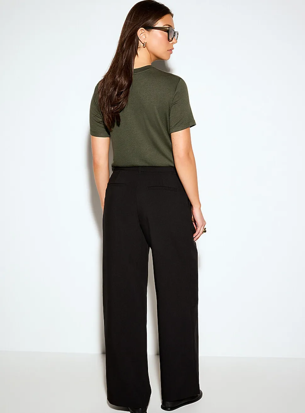 Pleated-waist thick crepe wide-leg pant