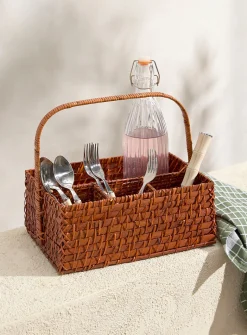 Rattan and bamboo utensil holder basket