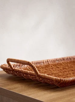 Rusty brown faux-rattan rectangular tray