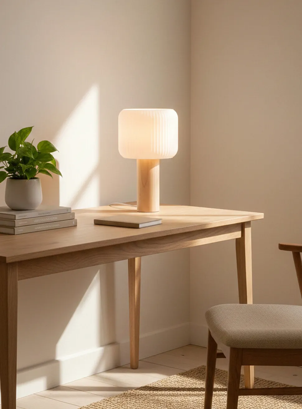 Textured shade maple wood table lamp